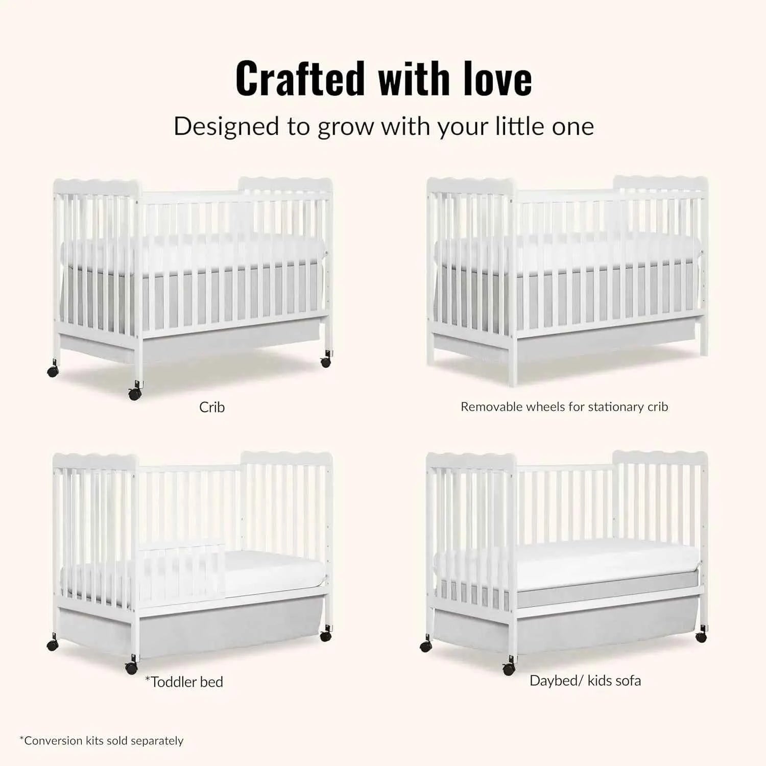 3-in-1 Convertible Baby Crib White Full-Size with 4 Adjustable Mattress Heights and Daybed Conversion