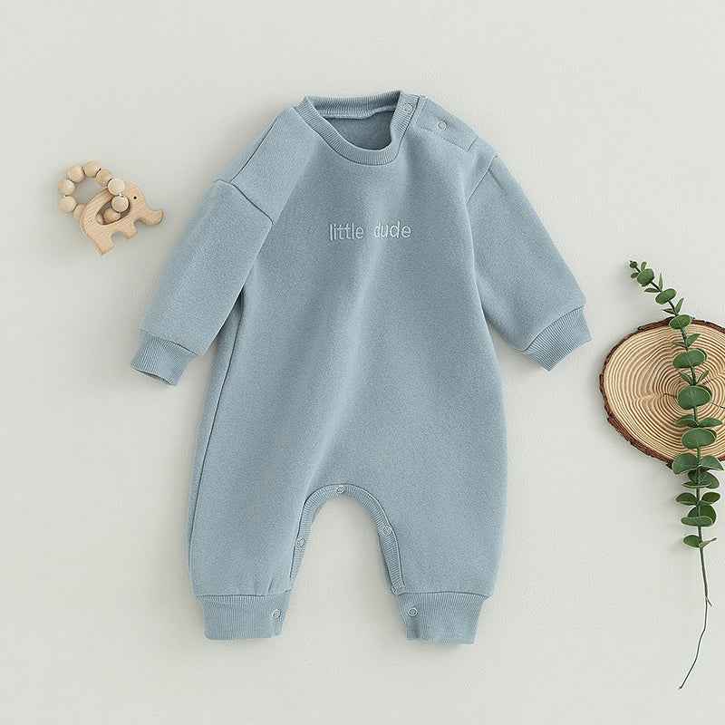 Baby Letter Embroidered "Little Dude" Jumpsuit – Long Sleeve Footless Romper (0–18M)