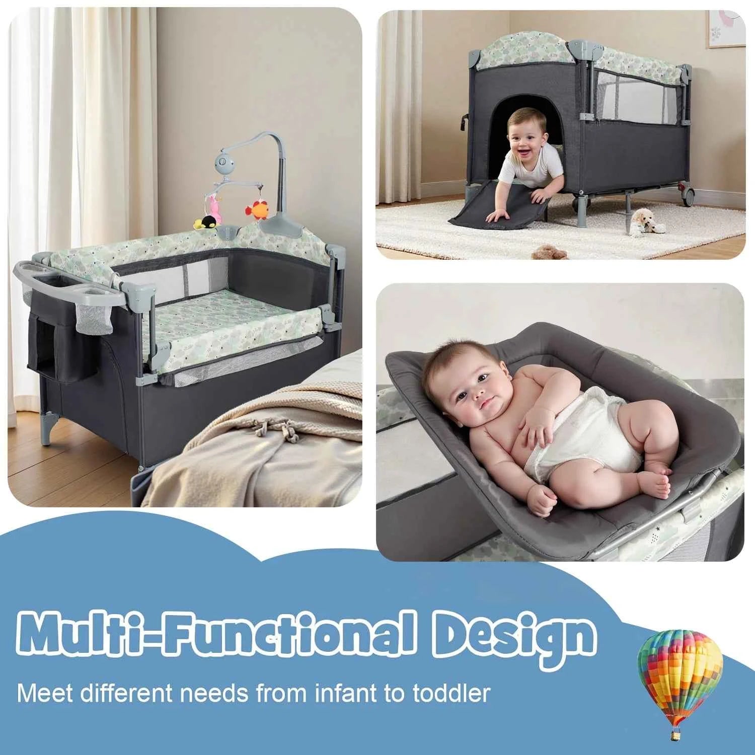 All-in-One Baby Playard Pack n Play with Bassinet & Diaper Changing Station – Portable Folding Travel Crib