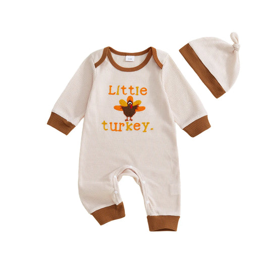 Thanksgiving Jumpsuit – Long Sleeve Round Neck Romper with Turkey Embroidery and Hat