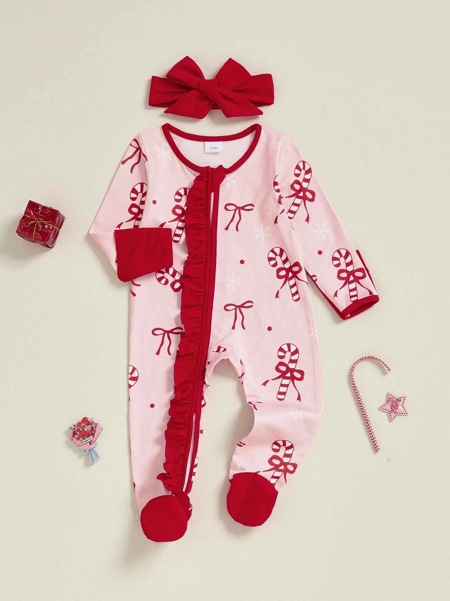 Newborn Baby Girl Christmas Romper – Bow Print Long Sleeve Zip-Up Footed Jumpsuit with Headband