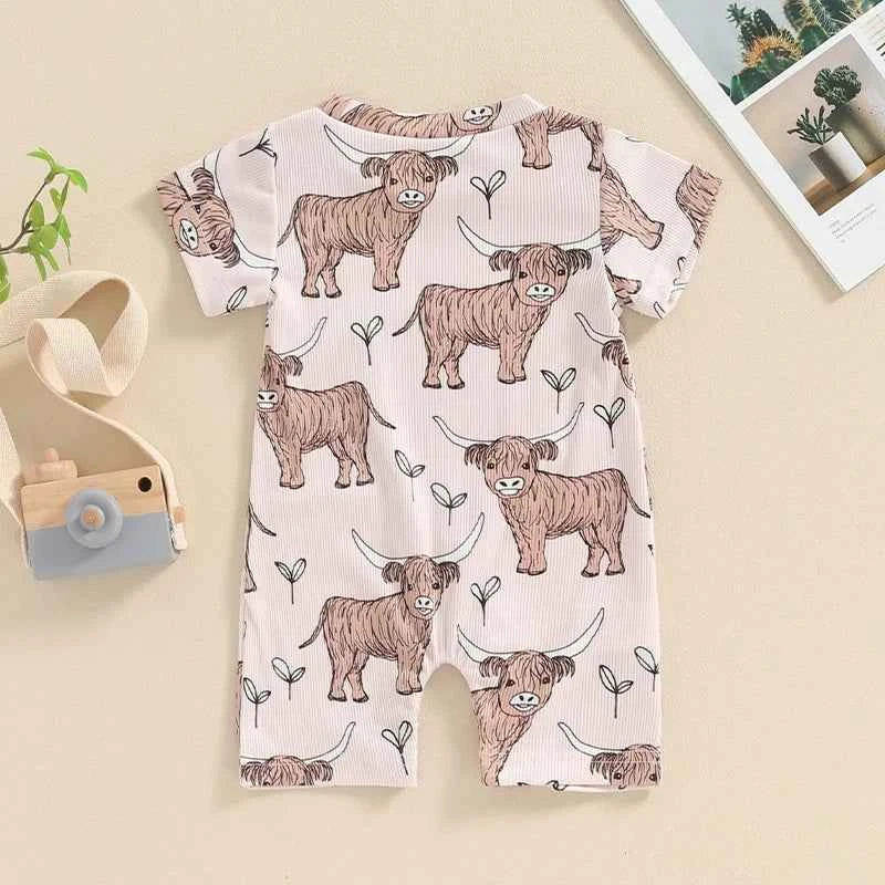 0–18M Baby Boys and Girls Western Jumpsuit, Short Sleeve Crew Neck Cow Print Summer Romper Casual Baby Outfit