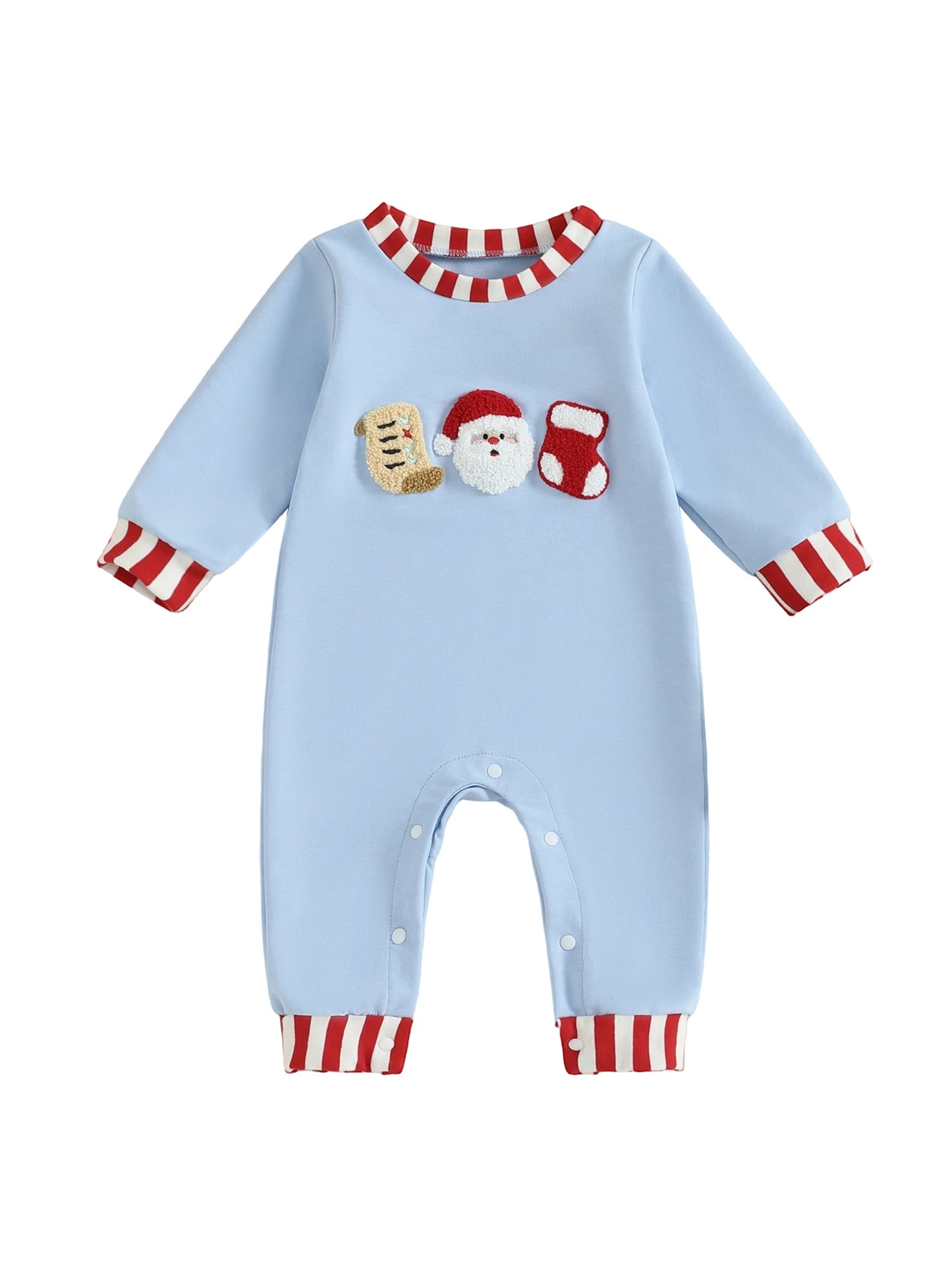 Baby Christmas Romper – Santa Embroidery Striped Long Sleeve Crew Neck Full-Length Jumpsuit