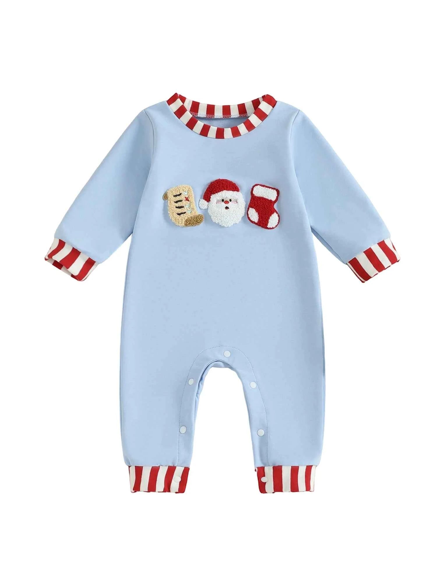 Baby Christmas Romper – Santa Embroidery Striped Long Sleeve Crew Neck Full-Length Jumpsuit