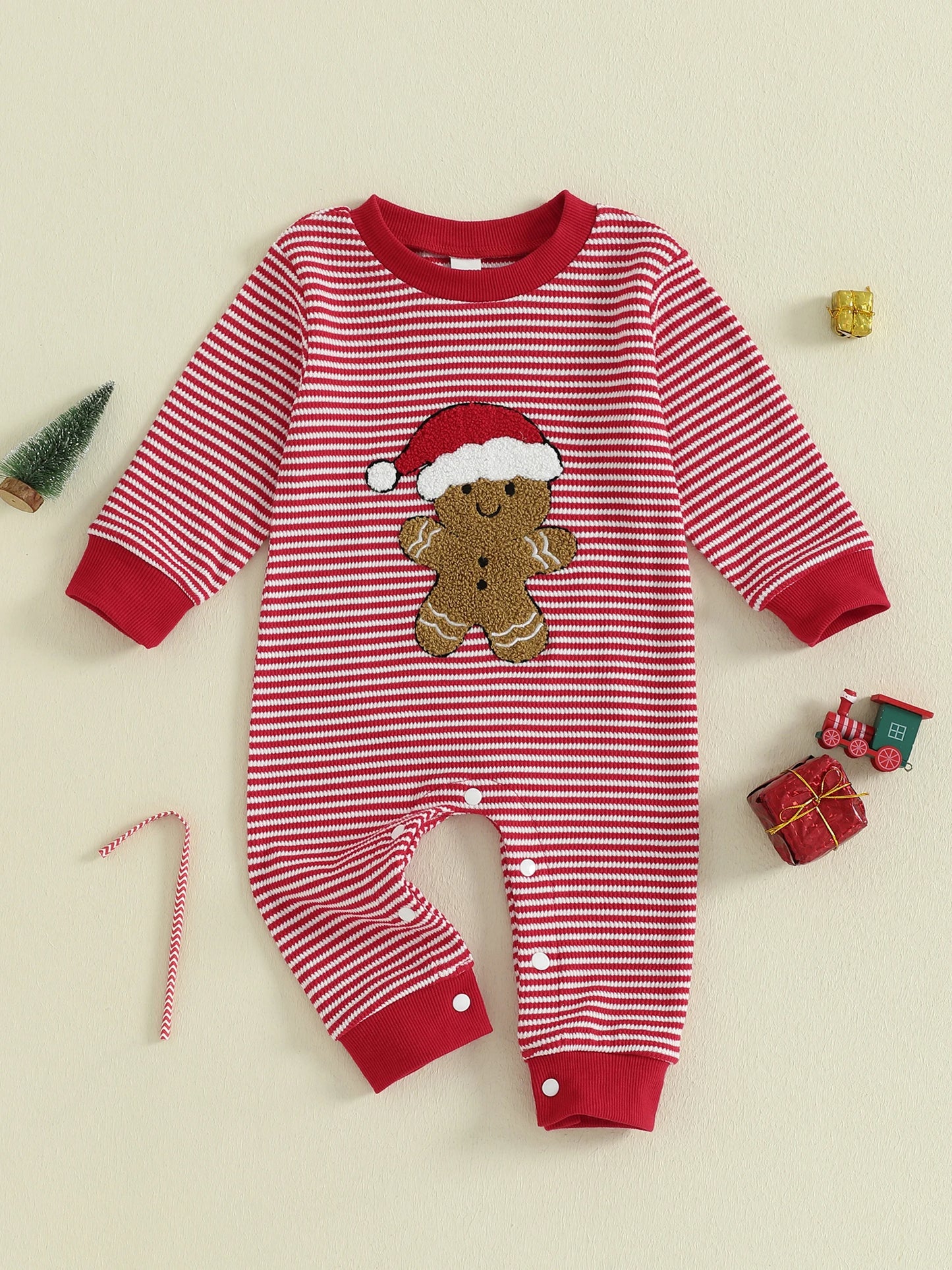 Christmas Jumpsuit – Gingerbread Man Embroidered Long Sleeve Striped Romper