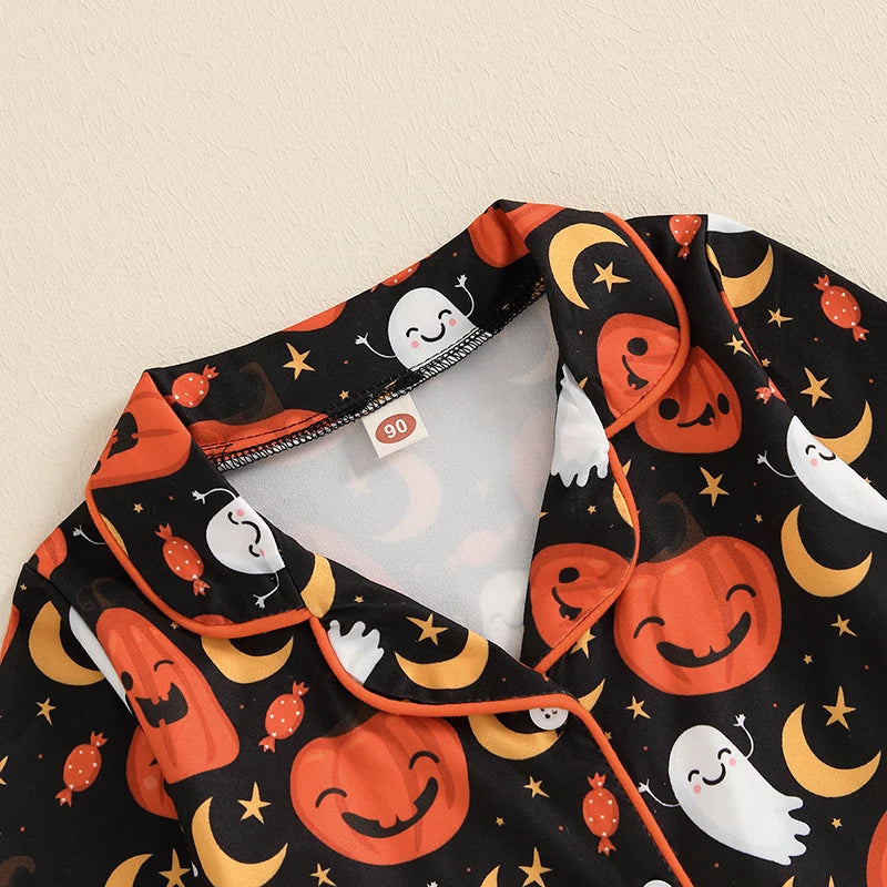 Kids Halloween Pajama Set – Pumpkin Ghost Print Button-Up Top and Pants (1–5T)