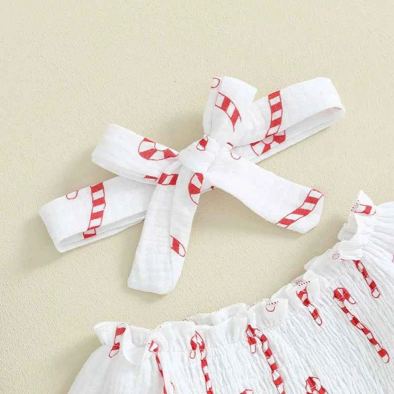 Baby Christmas Romper Set – Smocked Candy Cane Print Long Sleeve Bodysuit with Headband (2Pcs)