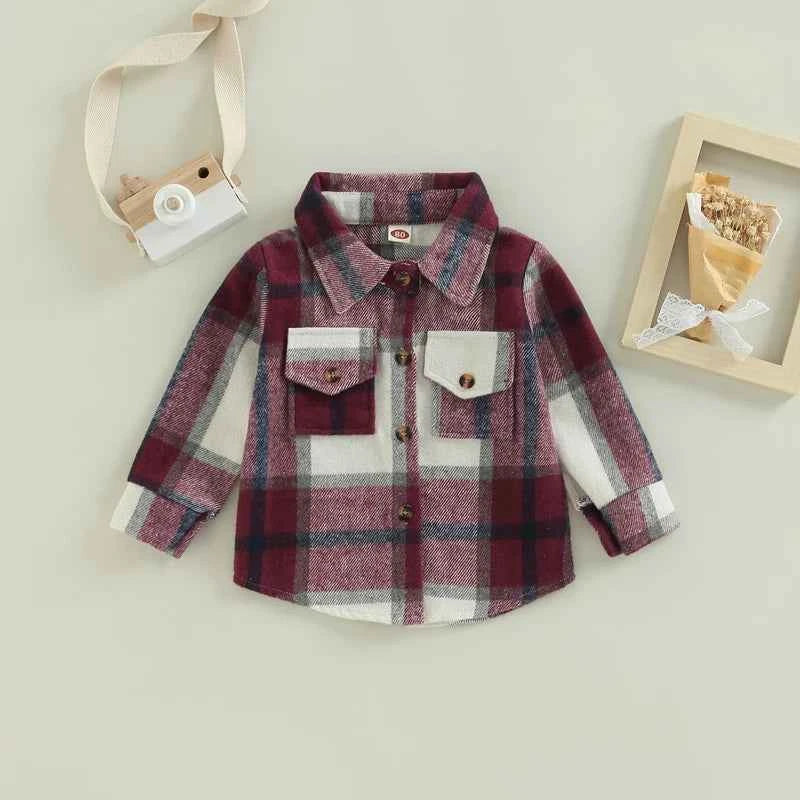 Baby Plaid Shirt Jacket – Casual Long Sleeve Button-Up Coat for Boys and Girls (0–4 Years)