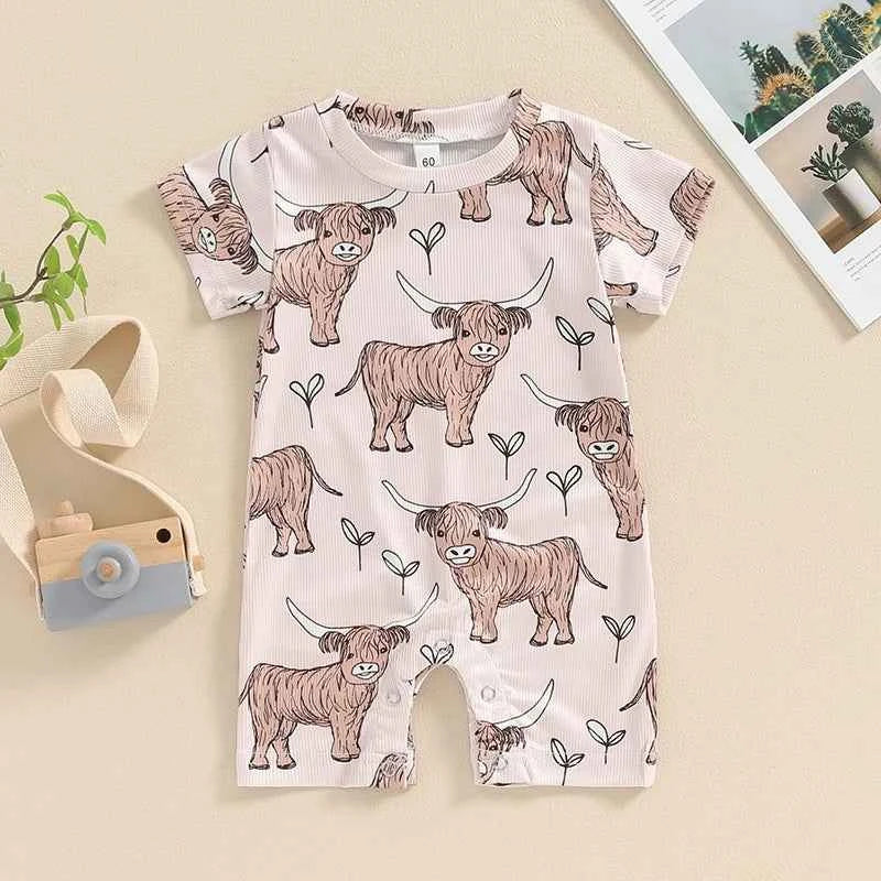 0–18M Baby Boys and Girls Western Jumpsuit, Short Sleeve Crew Neck Cow Print Summer Romper Casual Baby Outfit