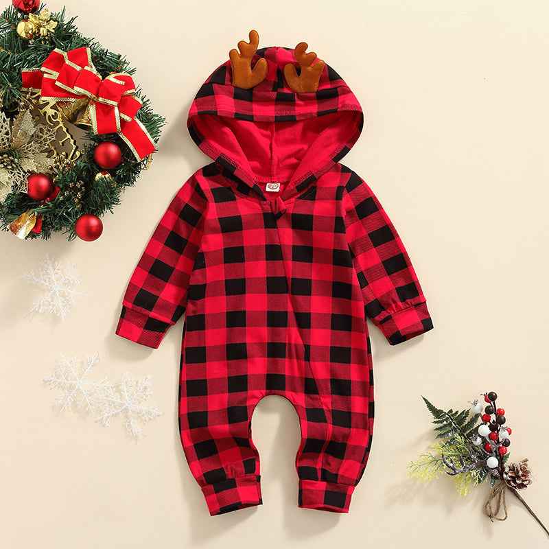 Christmas Infant Baby Romper – Plaid Hooded Loose Fit Jumpsuit for Boys & Girls