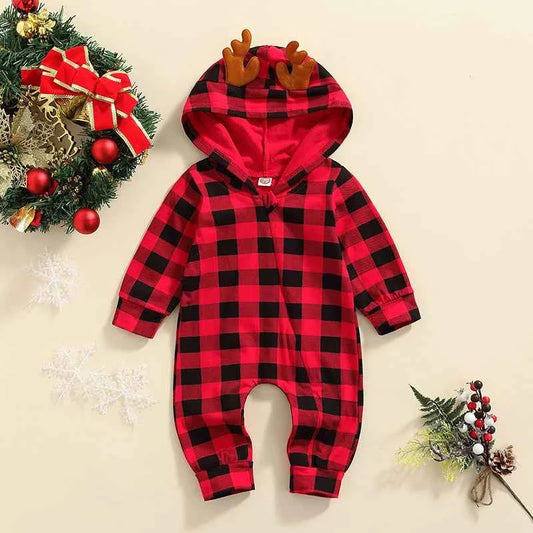 Christmas Infant Baby Romper – Plaid Hooded Loose Fit Jumpsuit for Boys & Girls