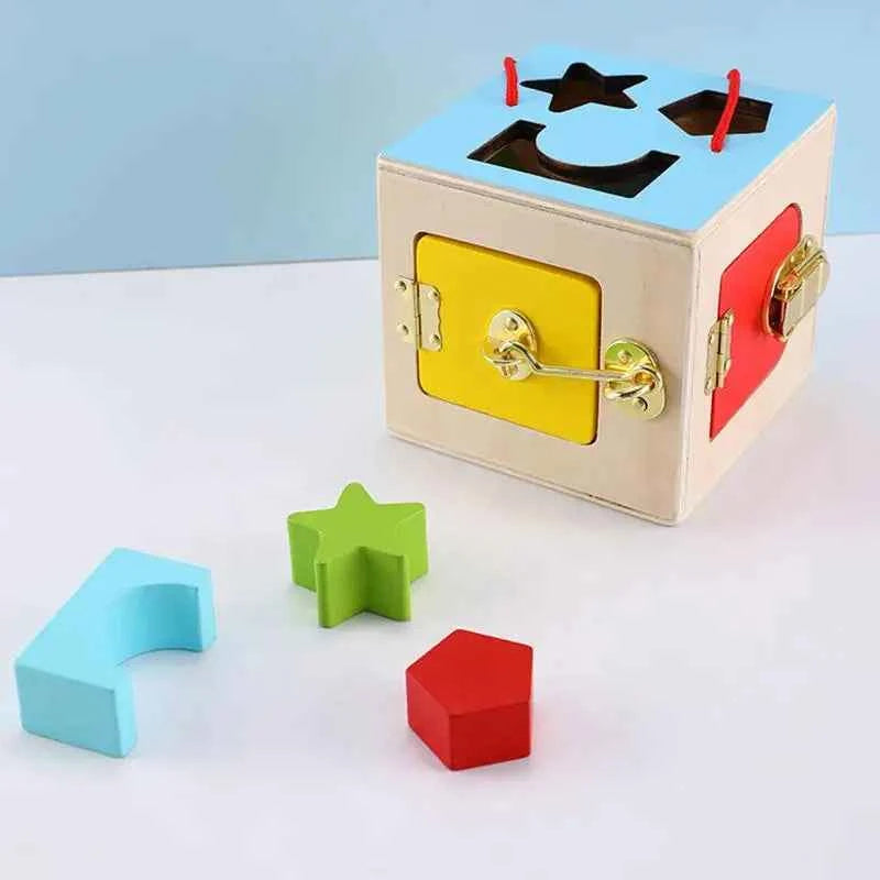 Wooden Geometry Lock Box Toy – Sensory Learning Activity Cube for Toddlers