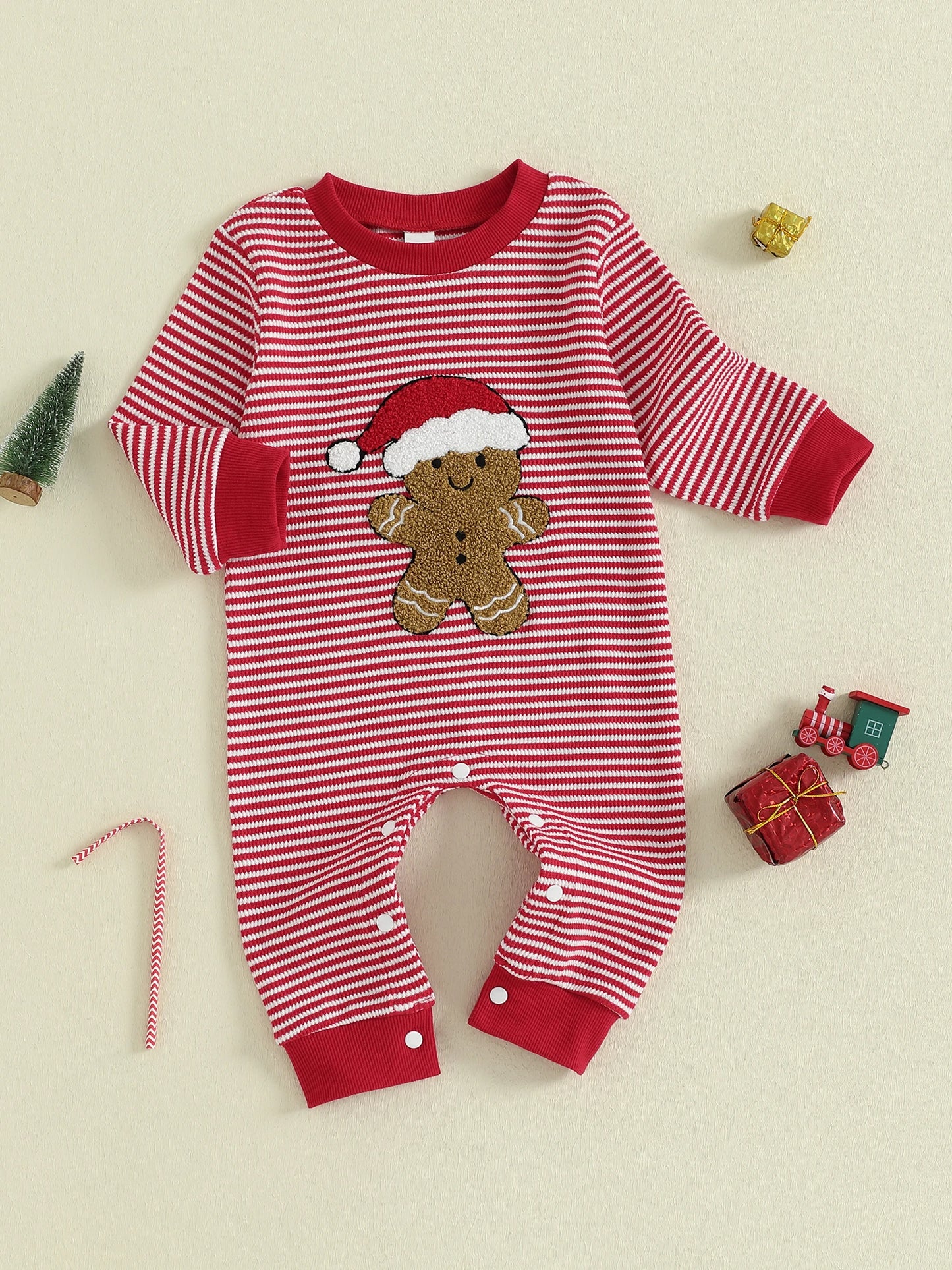 Christmas Jumpsuit – Gingerbread Man Embroidered Long Sleeve Striped Romper