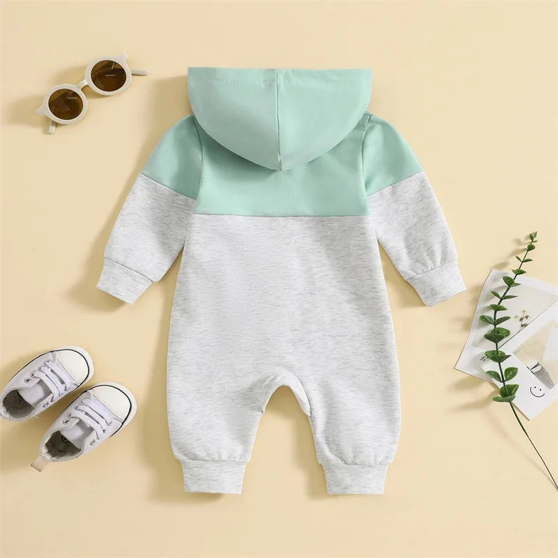 Infant Baby Boy Hooded Romper – Long Sleeve Contrast Zipper Jumpsuit 0-18M