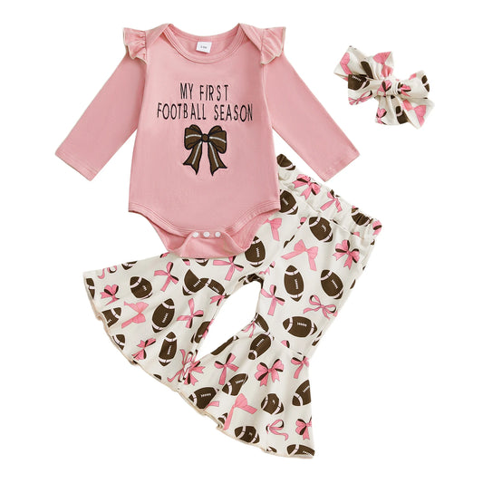 Baby Girls Fall Outfit – Football Print Long Sleeve Romper with Flared Pants and Headband 3-Piece Set
