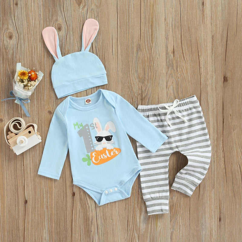 Infant Baby Outfit 3-Piece Set – Bunny Print Bodysuit with Striped Bottoms, Bunny Ear Beanie for My 1st Easter