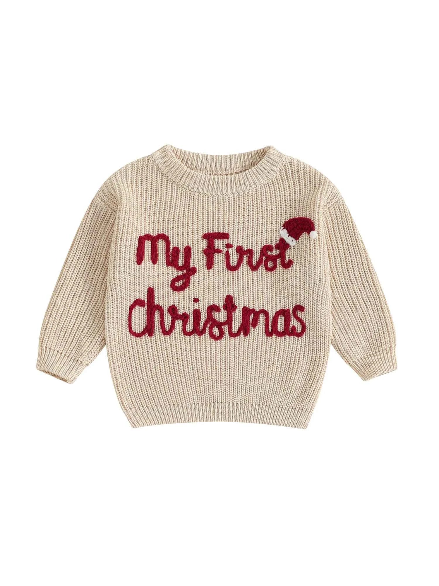 Baby Christmas Knit Sweater – Letter Embroidery Long Sleeve Pullover Top
