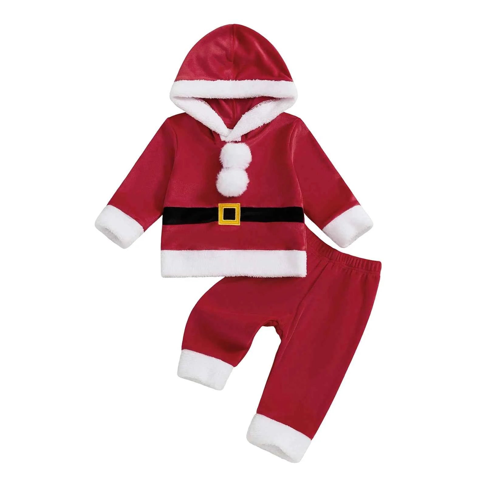 Baby Santa Claus Outfit – Long Sleeve Hooded Sweatshirt with Pants Christmas Costume Set