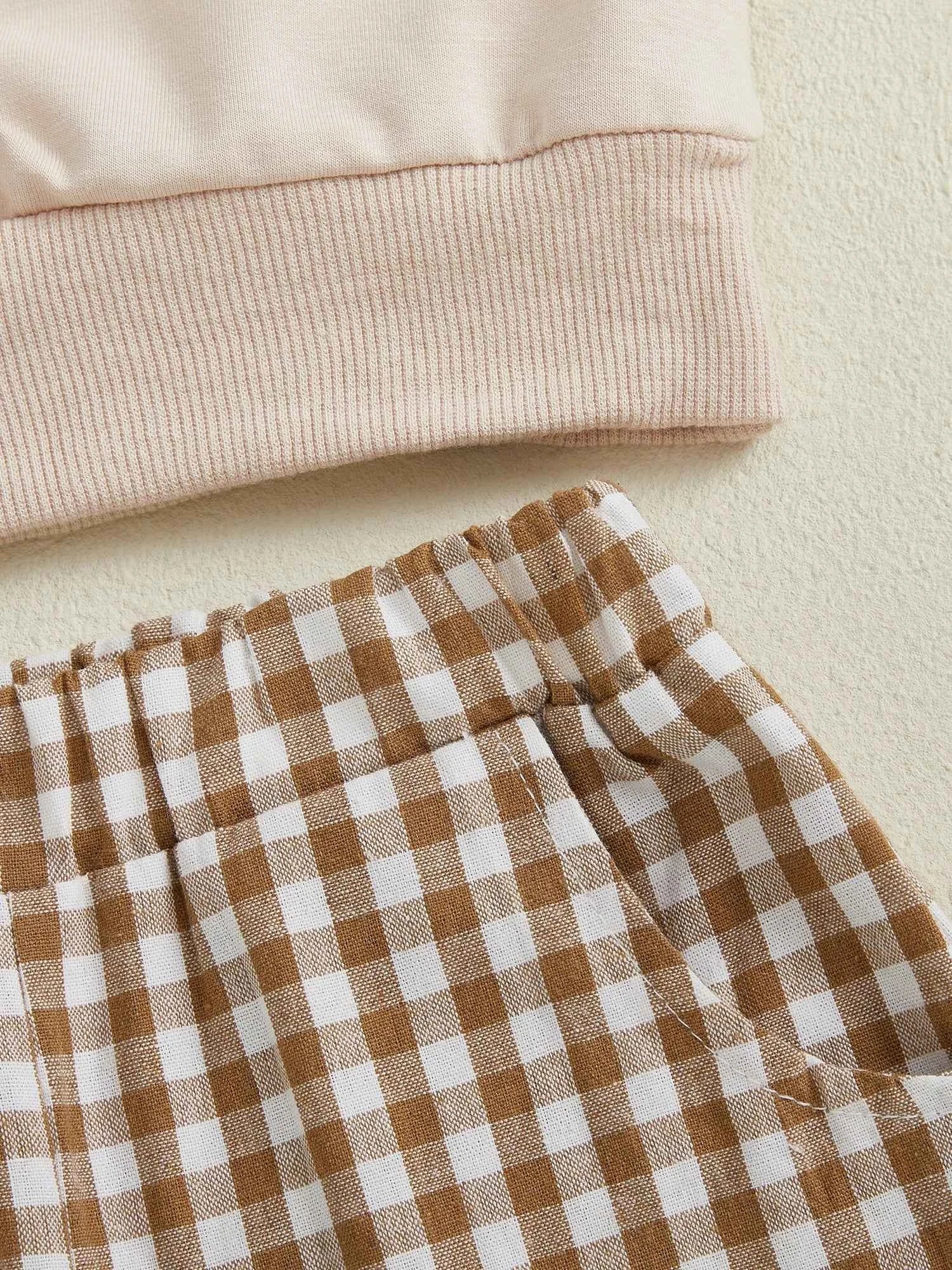 Thanksgiving Outfit – Pumpkin Turkey Sweatshirt & Plaid Elastic Waist Pants Set