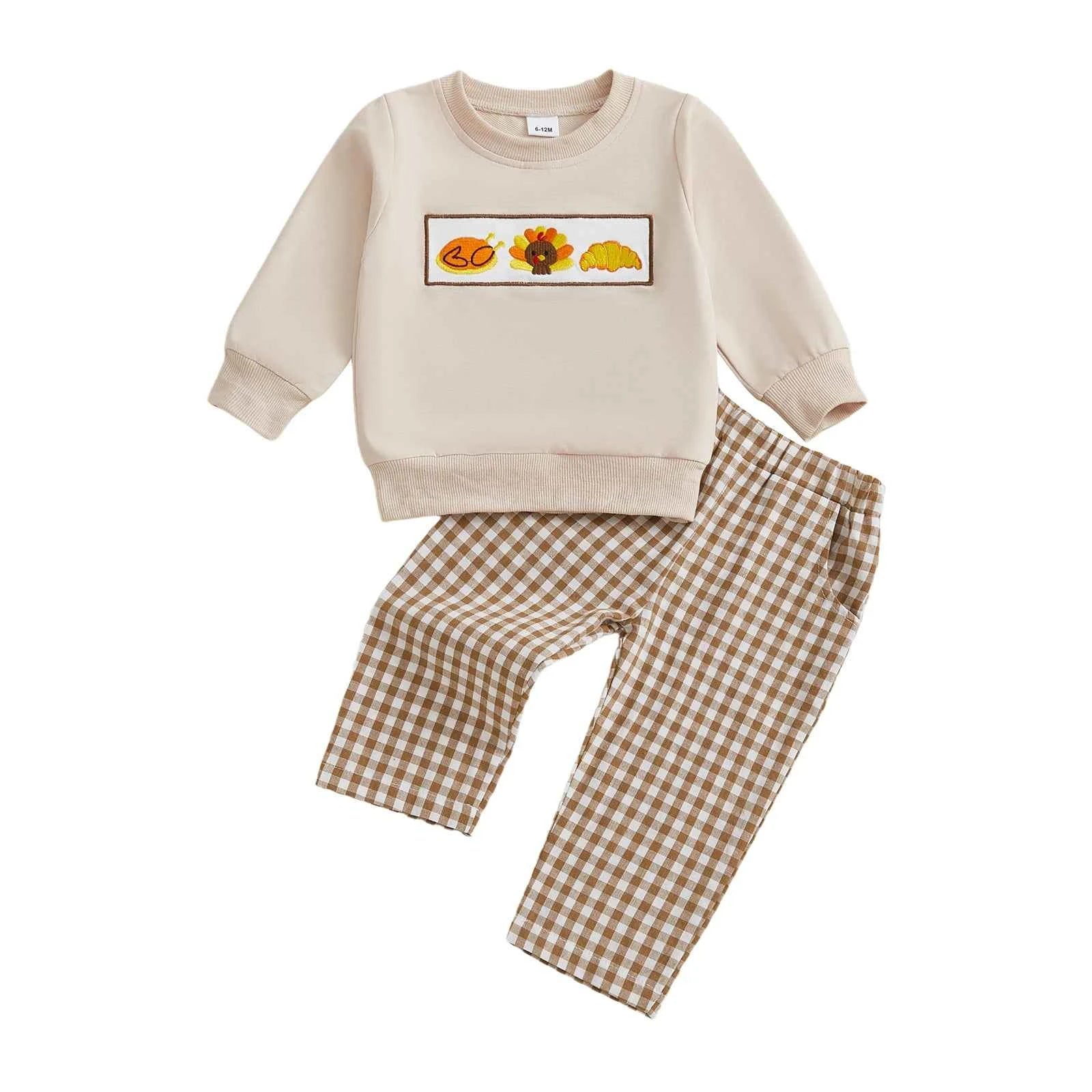 Thanksgiving Outfit – Pumpkin Turkey Sweatshirt & Plaid Elastic Waist Pants Set