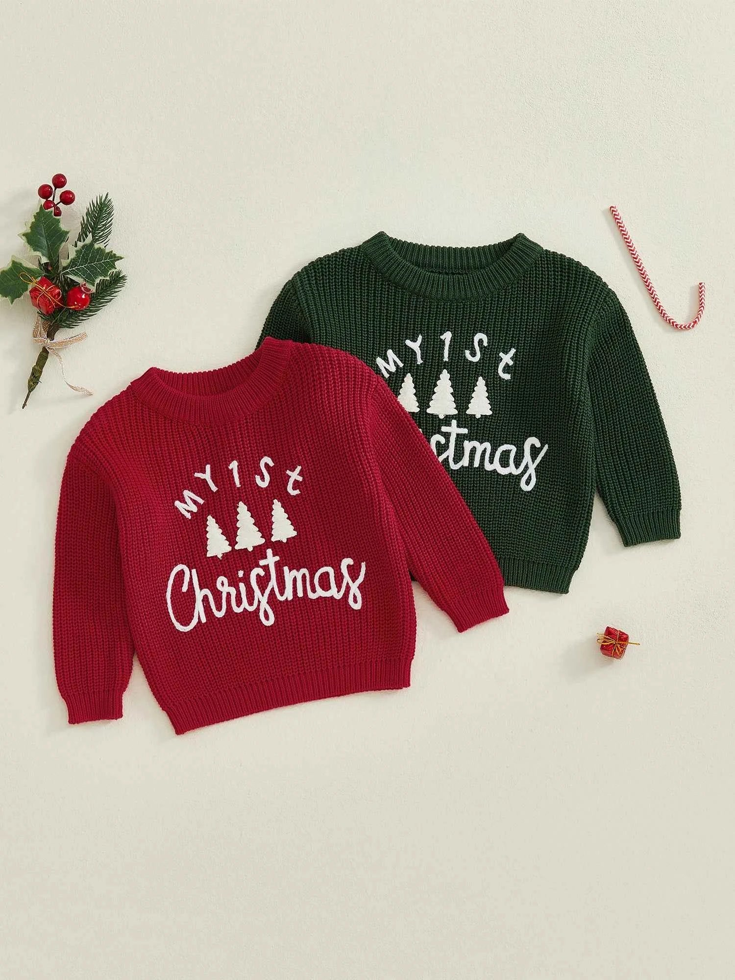 Toddler Baby Christmas Sweater – Long Sleeve Round Neck Letter & Tree Embroidered Top