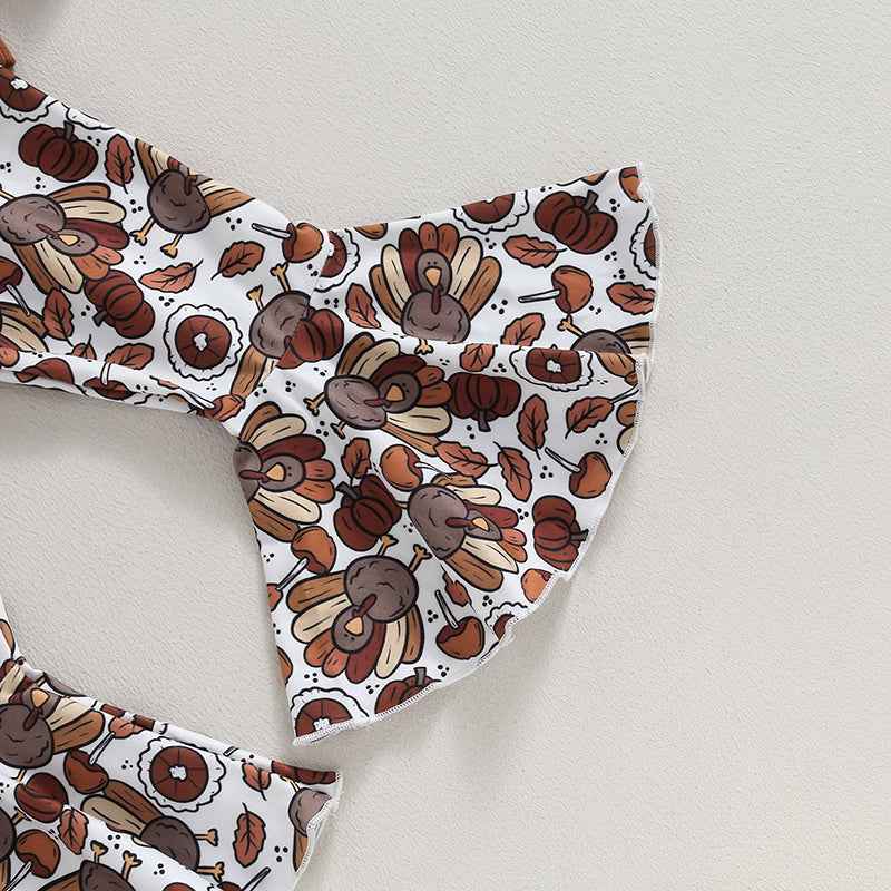 Thanksgiving Outfit for Girls – Long Sleeve Turkey Sweatshirt and Flare Pants Set (0–5 Years - 2Pcs Set)