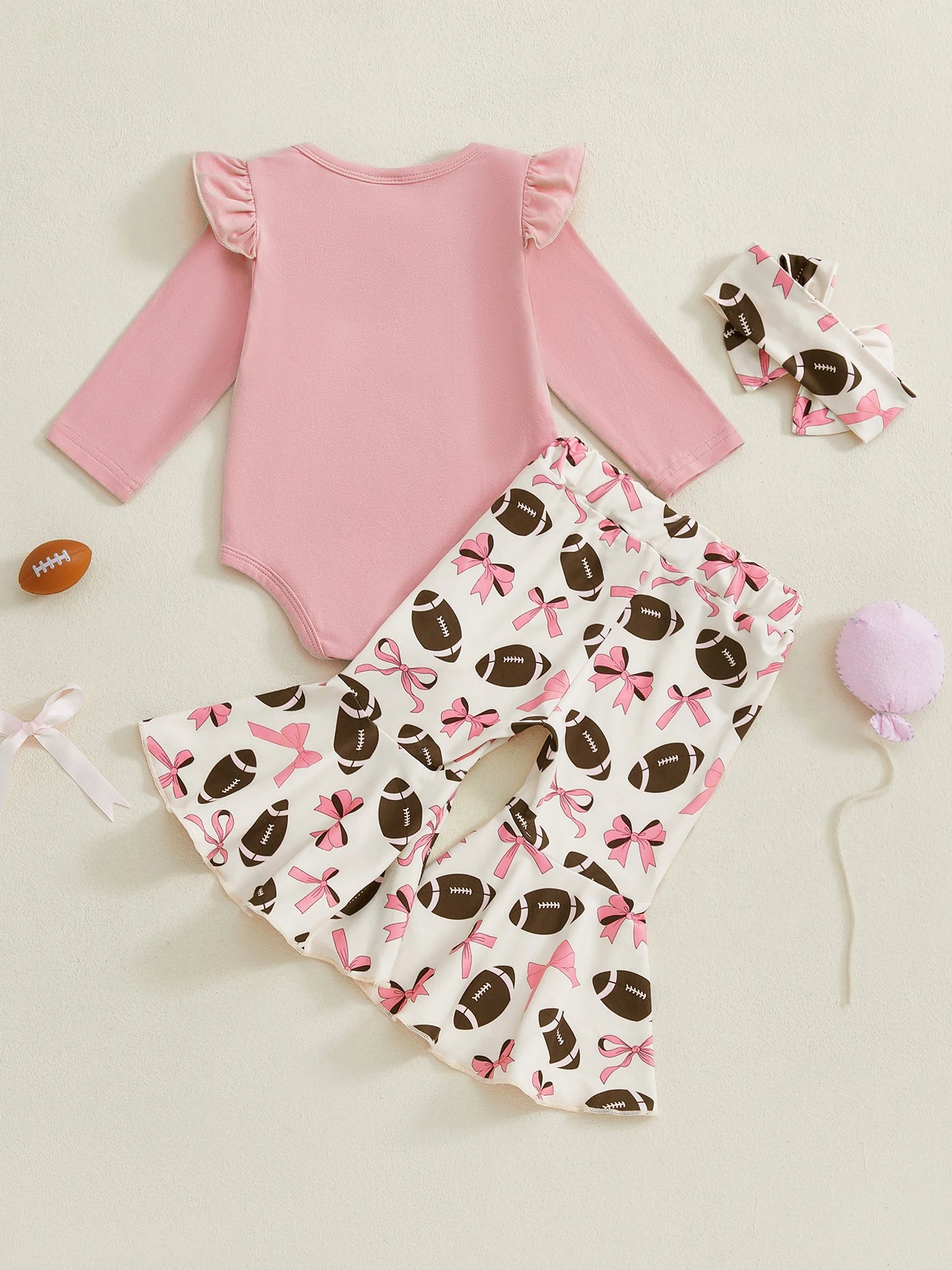 Baby Girls Fall Outfit – Football Print Long Sleeve Romper with Flared Pants and Headband 3-Piece Set