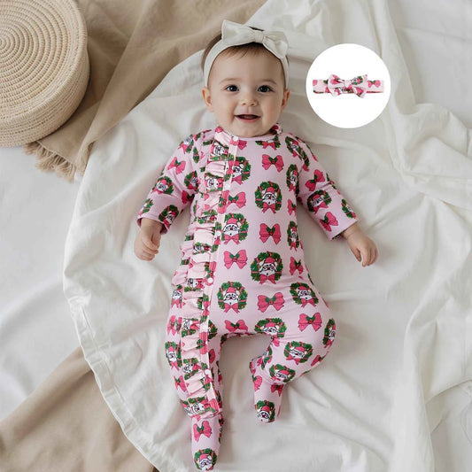 Christmas Outfit – Santa Claus Bow Print Long Sleeve Footed Romper with Matching Headband Set