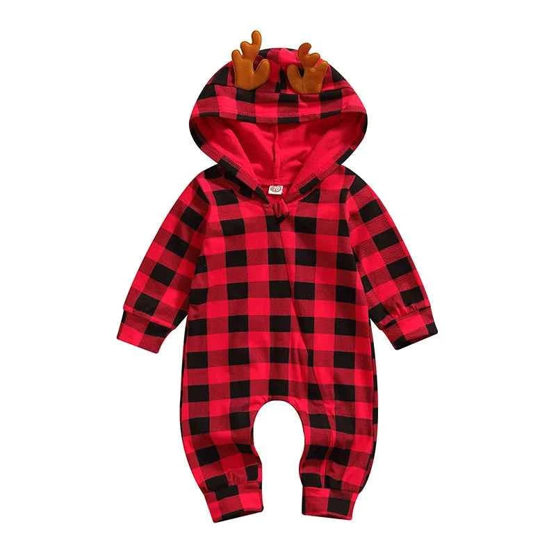 Christmas Infant Baby Romper – Plaid Hooded Loose Fit Jumpsuit for Boys & Girls