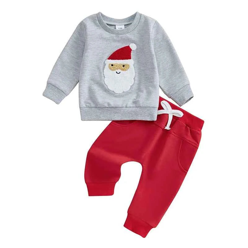 Baby Christmas Outfit Set – Santa Embroidered Long Sleeve Sweatshirt and Pants Set