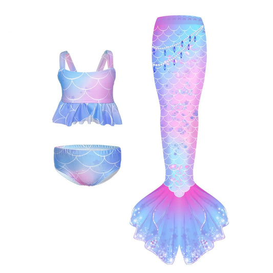 Girls Mermaid Swimsuit with Tail – 3-Piece Bikini Costume for Pool Parties & Dress-Up