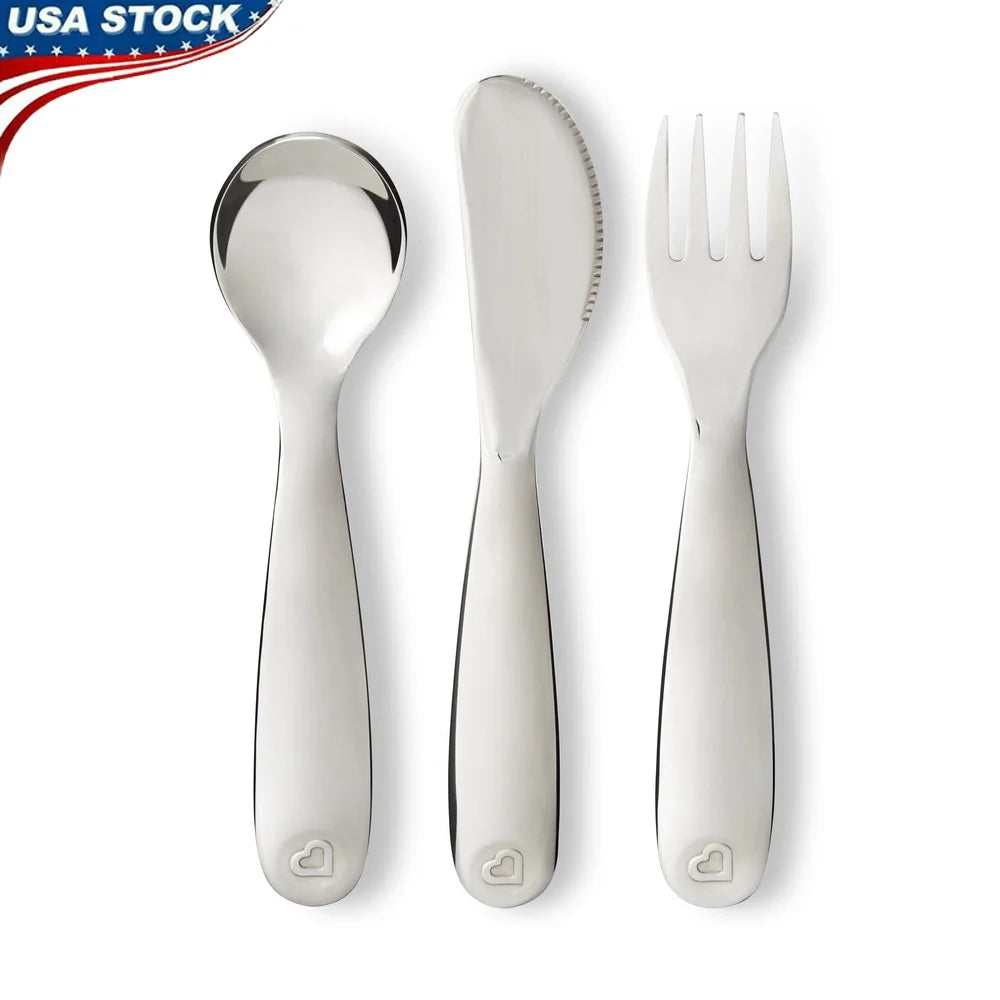Toddler Stainless Steel Utensil Set – Fork, Knife & Spoon with Ergonomic Handles for Safe Self-Feeding