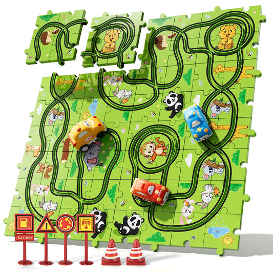 Jigsaw Puzzle Race Track Car Set – Puzzle & Car Toys for Kids Ages 3-5