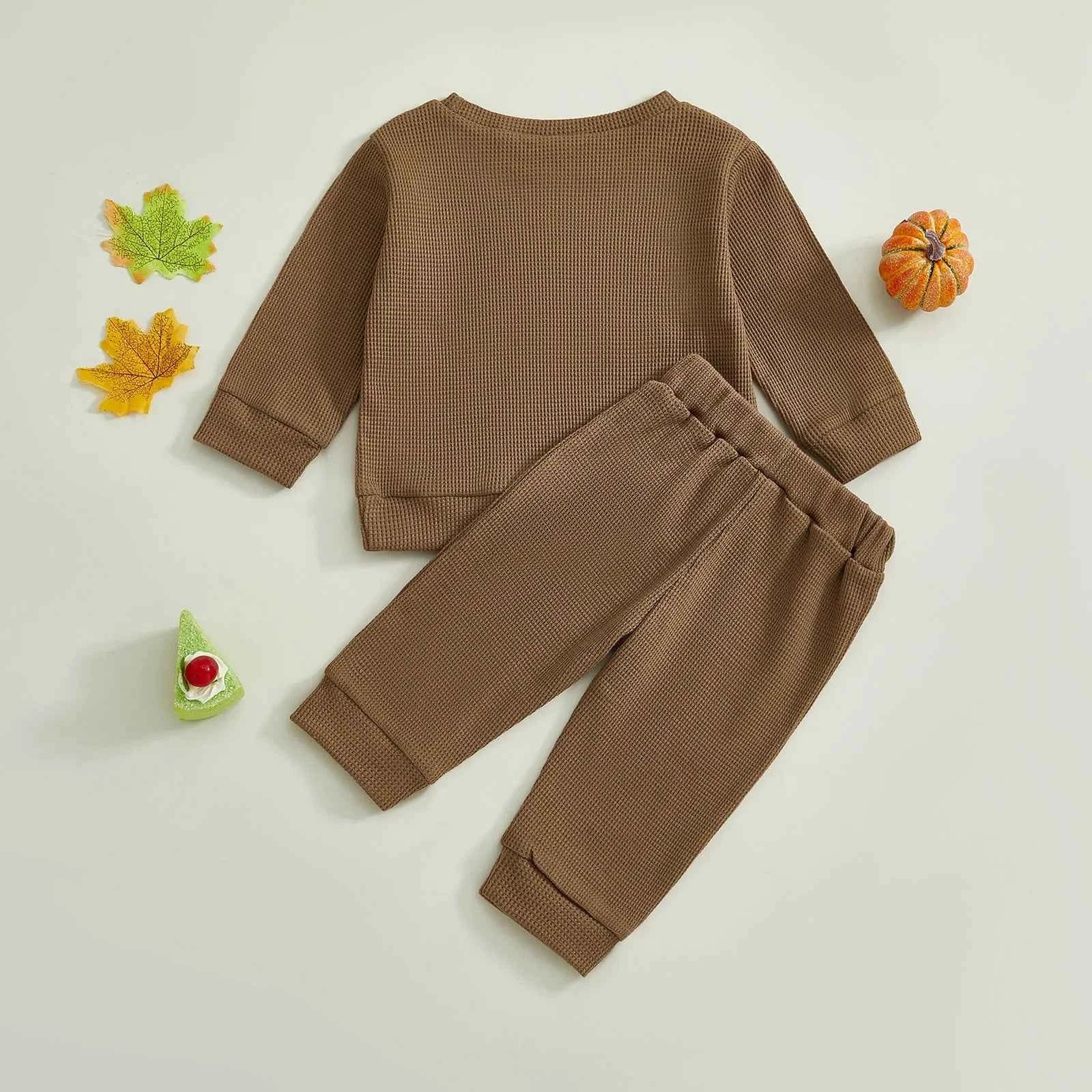 Thanksgiving Outfit – Turkey Letter Embroidery Pullover & Elastic Waist Waffle Pants  (2Pcs Set )