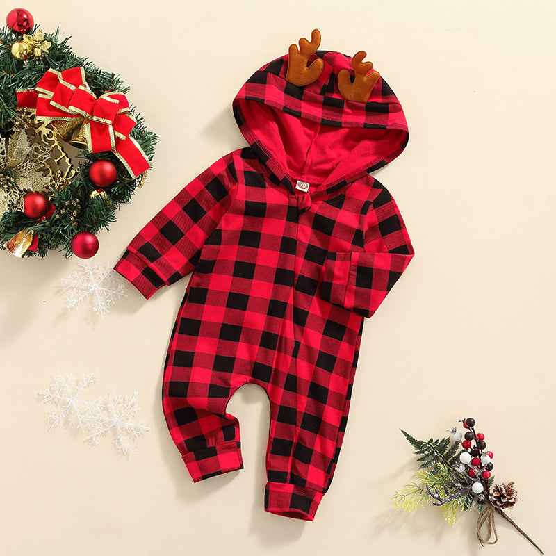Christmas Infant Baby Romper – Plaid Hooded Loose Fit Jumpsuit for Boys & Girls