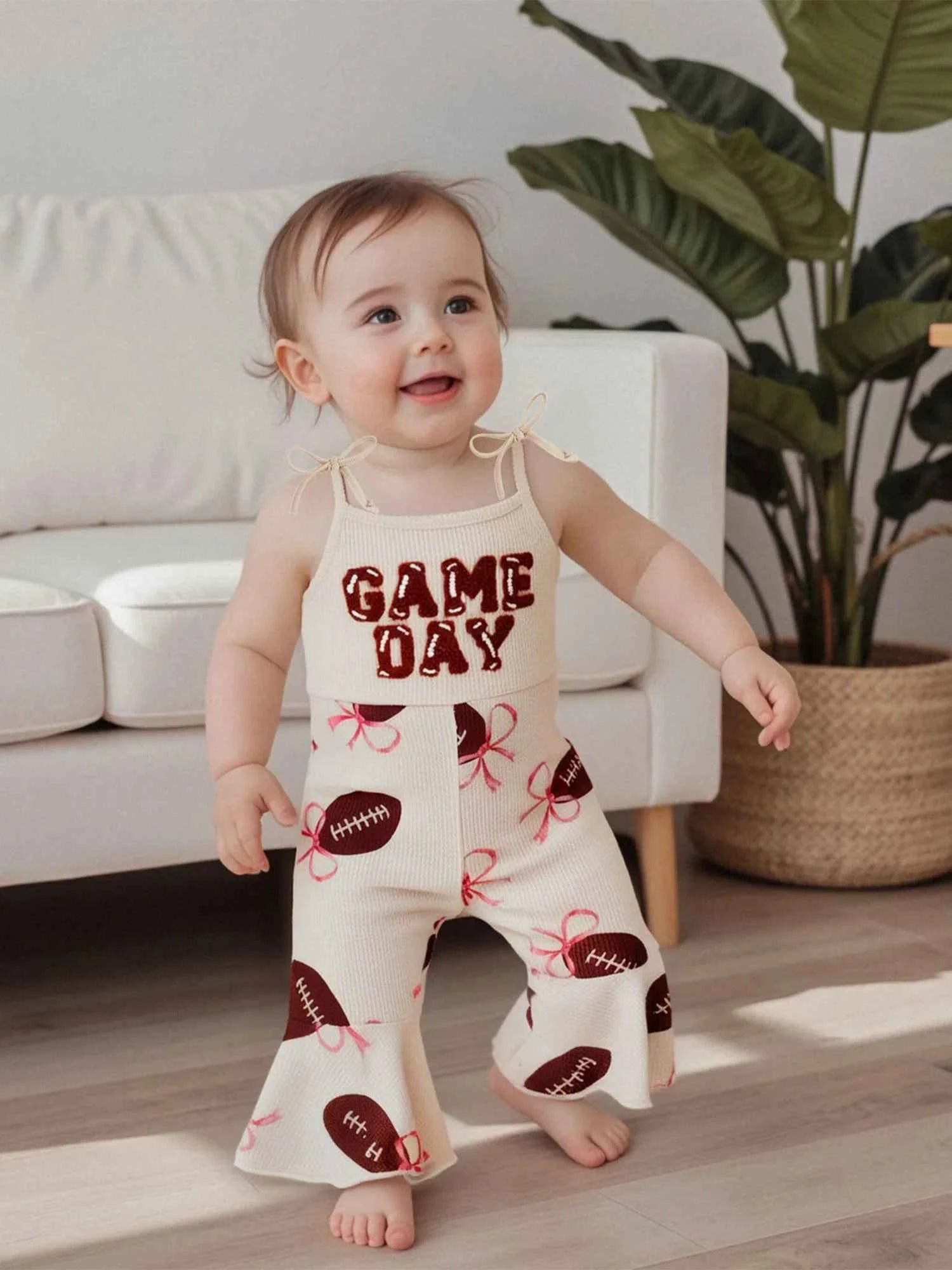 Baby Bell Bottom Jumpsuit – Sleeveless Tie-Up Strap Overalls with Letter Embroidery "Game Day" Print