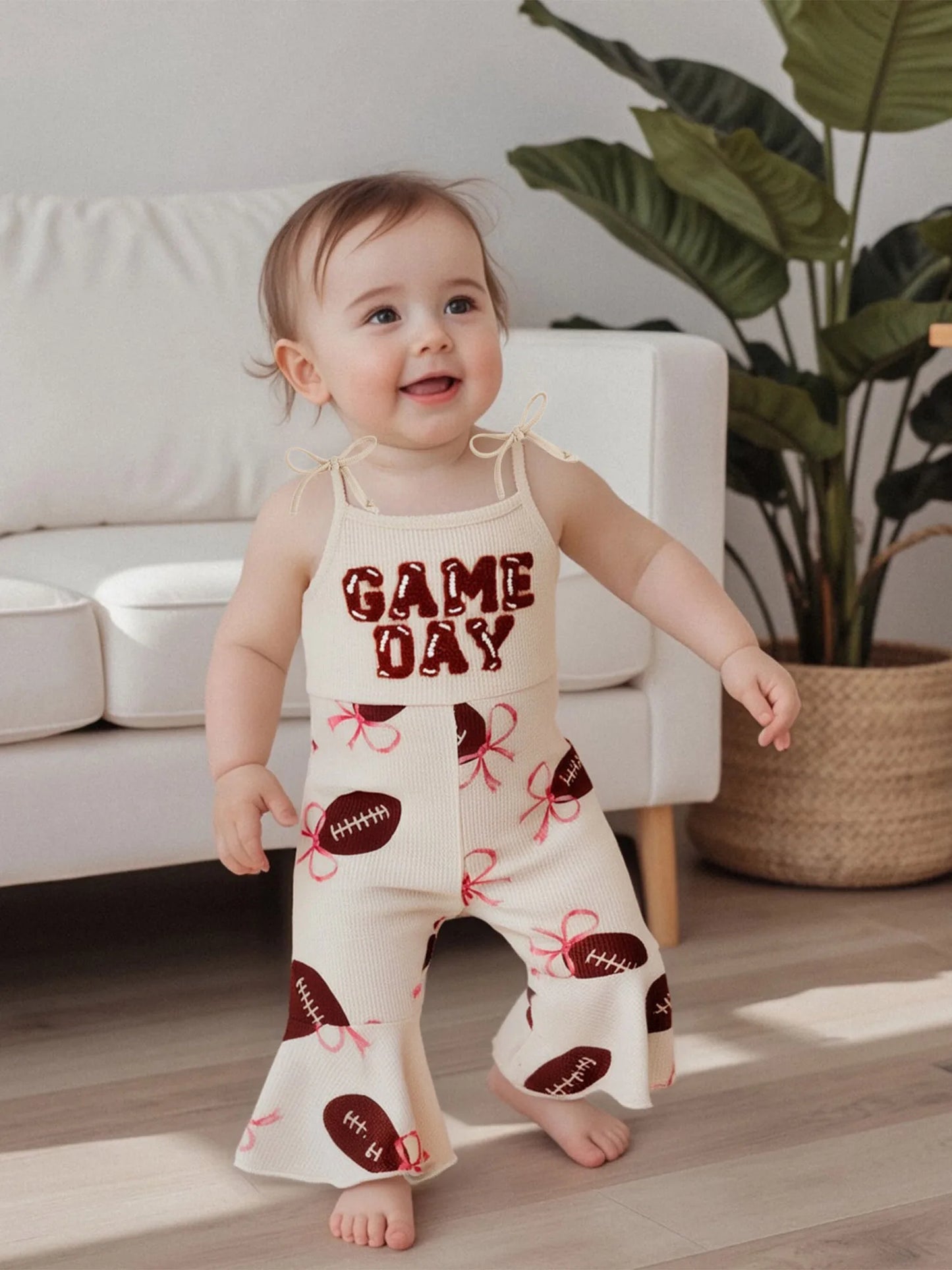 Baby Bell Bottom Jumpsuit – Sleeveless Tie-Up Strap Overalls with Letter Embroidery "Game Day" Print