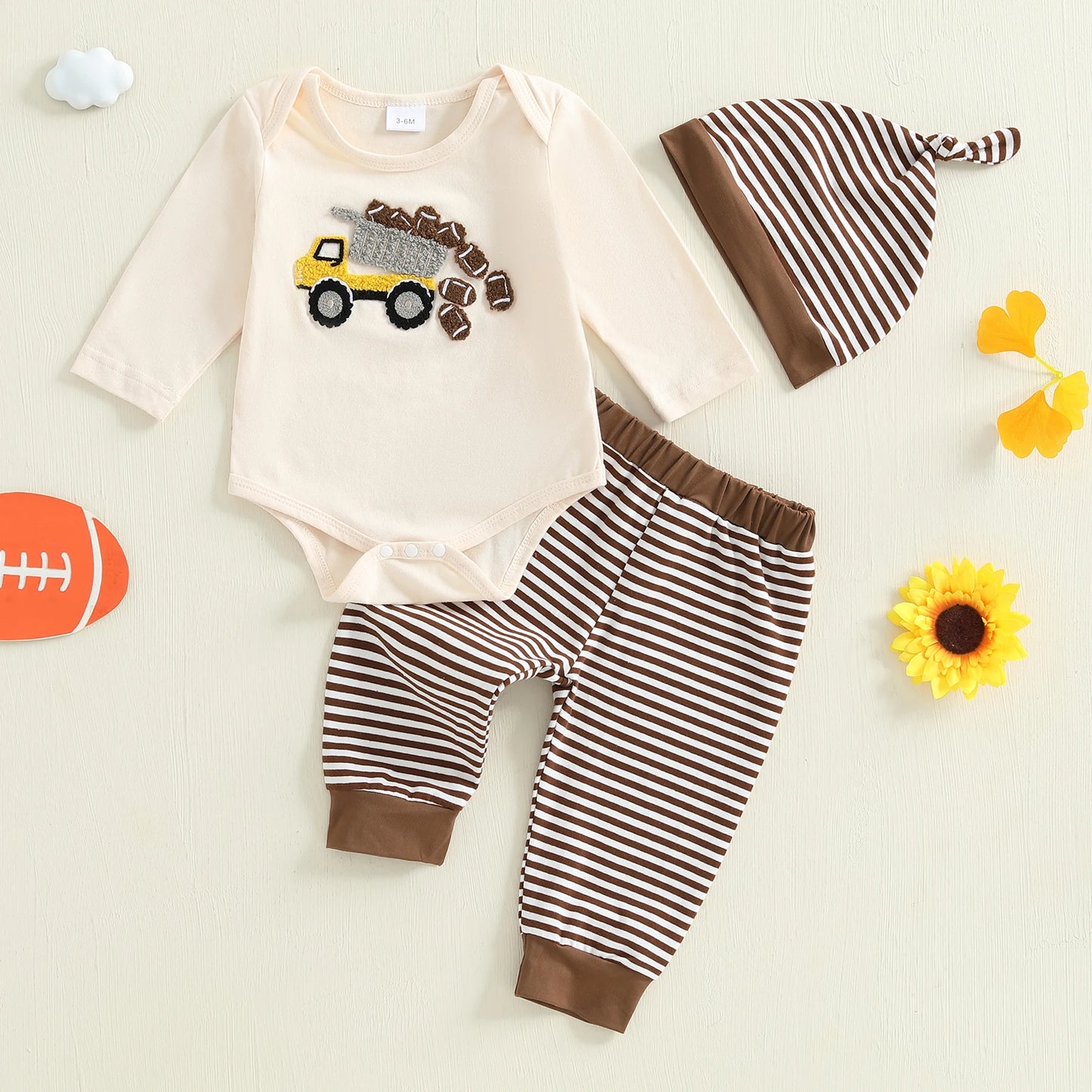 Toddler Boy Winter Outfit – Football Print Hooded Jacket with Striped Pants and Hat